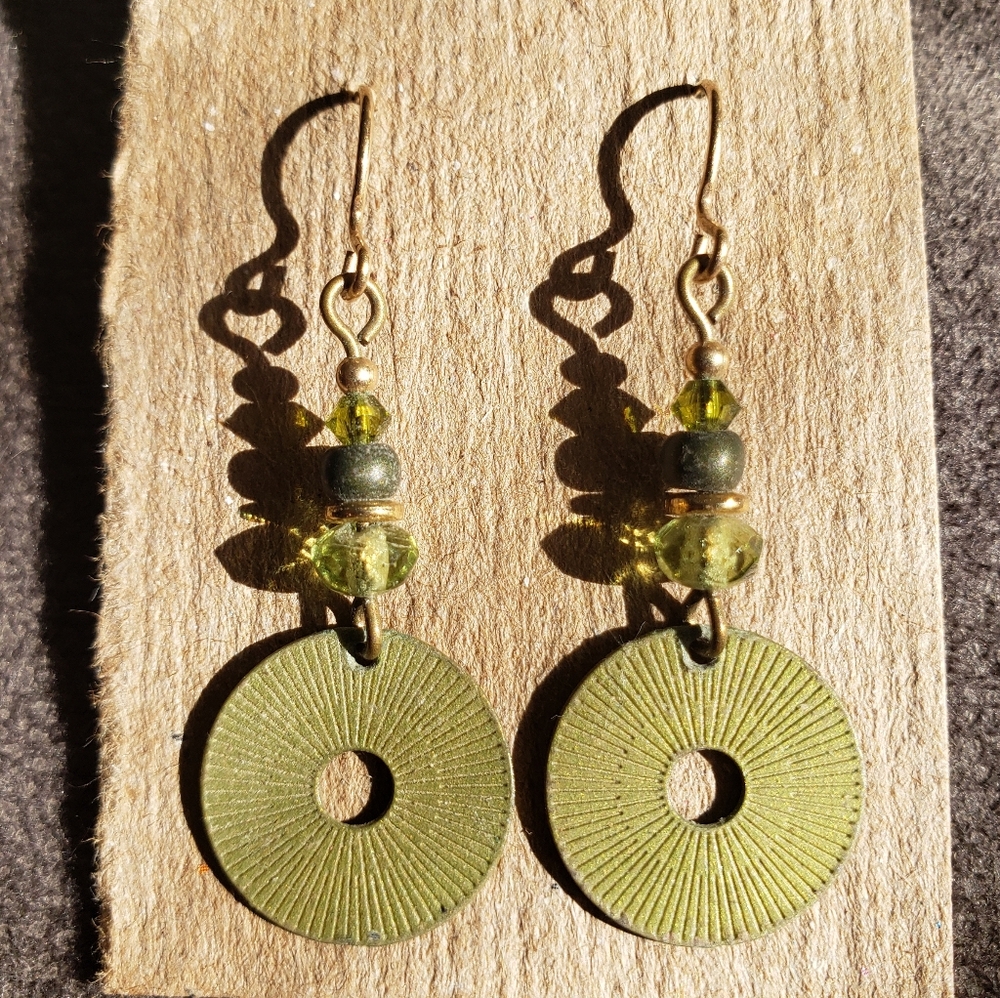 Unique Vintage Peridot Jade Glass Disk Dangle Earrings